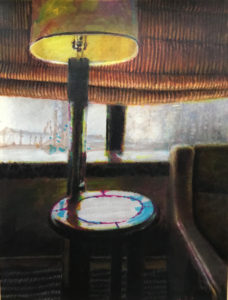 Architecture mixedmedia drawing of interior hotel room corner near window looking out to Second Ave NYC lamp round table reading char blinds drawn half way orange and yellow coloring