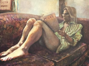 Figurative acrylic painting of female figure reclined on elegant embroidered sofa in a living room with sunlight window French art book and music sheets