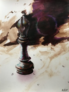 Still life acrylic painting of the Bishop chess piece set against a semiabstractsurrealimaginary background