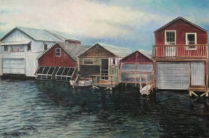 architecture and nature acrylic painting of boat house in Canandaigua NY water with shadows and ripples blue sky white clouds boat houses red and white in a row