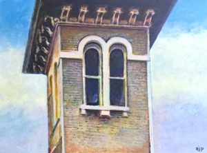 Architecture acrylic painting of the Italianate cupola on house set against the sky