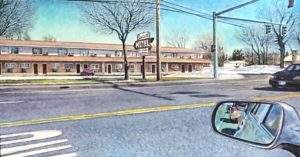 architecture acrylic painting photorealism style of Motel in Henrietta NY in foreground is sideview car mirror and stree in background the Motel and sign and skey and trees with some snow