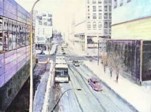 Architecture acrylic painting of snow covered downtown intersection of Rochester NY buildings bus cars road fading into the distance