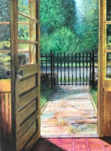 Architecture acrylic painting of interior of front doorway door open looking onto exterior front entrance and gate street and trees in the distance