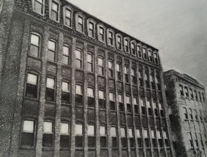 Architecture graphite and ink drawing of Old building on Lake Ave in Rochester NY four stories think columns of windows