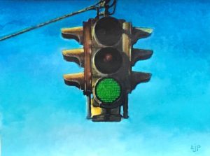 Still life acrylic painting of traffic signal green