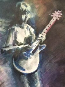 Figurative pop culture painting of Eric Clapton on stage playing ES 335 guitar Cream era