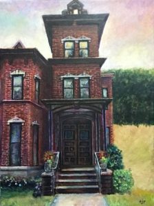 Architecture acrylic painting of a beautiful stately Italianate brick house read blue green yellow