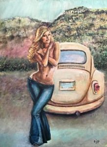 Figurative fictional acrylic painting of a topless woman near VW Beetle Sixties model with Hollywood sign on hill in the background