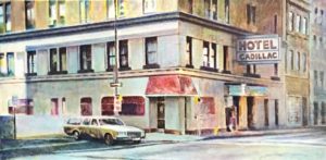 Architecture acrylic painting of Hotel Cadillac in Rochester NY yellow light old style seventies feel with stree and station wagon