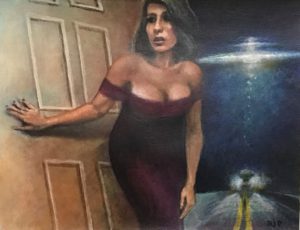 Figurative acrylic painting of surrealism comic book style woman caught by surprise opening a door UFO and car on road in background