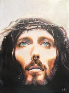 Figurative biblical history acrylic painting of Jesus based on poster Jesus of Nazareth a TV miniseries by Franco Zeffirelli