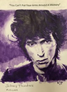 Figurative acrylic on paper painting of musician Johnny Thunders of the New York Dolls