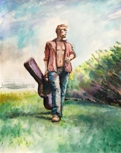 painting of a man carrying a guitar case through a green yad with sky in the background