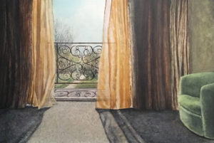 Architecture acrylic painting of an apartment interior chair drapes and a view over the balcony
