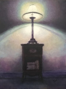 Still life acrylic painting of beside lamp on nightstand number 2 in series