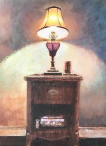 Still life acrylic painting of bedside lamp on nightstand number 1