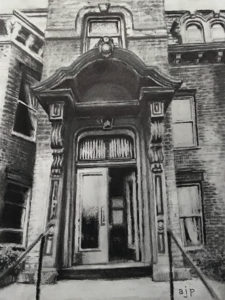 Architecture graphite and ink drawing of Victorian Gothic doorway and facade old brick house in Corn Hill Rochester