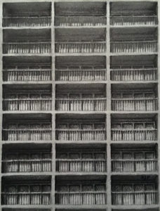 Architecture grpahite and ink drawing of evenly spaced rows and columns exterior view of balconies Riverside Hotel Rochester NY