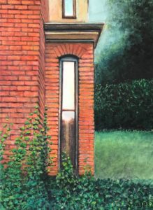 Architecture acrylic painting of elongated window on portion of a brick house in bucolic town setting in Ithaca NY