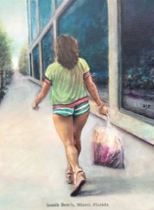 Figurative acrylic painting of sexy young woman walking down street in south beach Florida