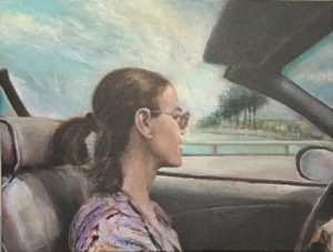 Figurative acrylic painting iof young woman in drivers seat of convertible in Miami