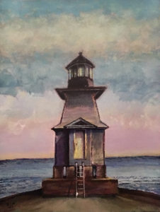 Architecture acrylic painting of lighthouse on a lake evidently on a postcard around 1900 that read The Summerville Lighthouse