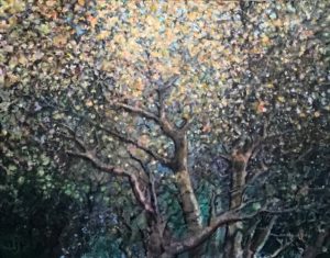 Nature acrylic painting of autumn leaves on tree branches with sunlight peeking through number 1 of series