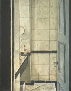 Architecture acrylic painting of interior room 3102 Warwick Hotel Manhattan