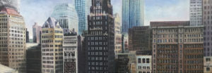 Architecture acrylic painting of street scene as seen from high level window West 40th Street Bryant Park Manhattan