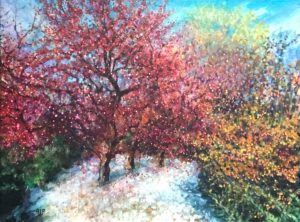 Nature acrylic painting of colorful trees foliage in a yard with light snow in November