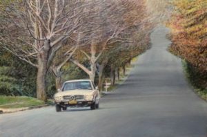 Nature acrylic painting of street in Long Island during autumn season with Mercedes