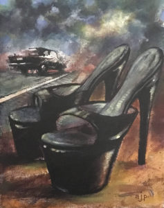 Still life acrylic painting a narrative noir book covertype illustration of stilettos and car on highway