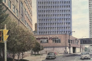 Architecture acrylic painting of cityscape scene the very first downtown shopping center in the USA Midtown Plaza Rochester NY built in the 1950s destroyed in 2010s