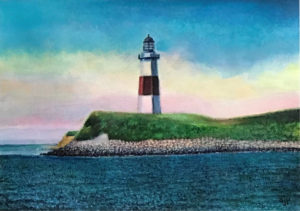 Nature painting with architecture of wideangle view of land and sea with the Montauk lighthouse in center A painting by Alessandro James Perriello