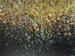 Nature acrylic painting of yellow autumn leaves over dark green and blue on a close up of trees number 2 in series