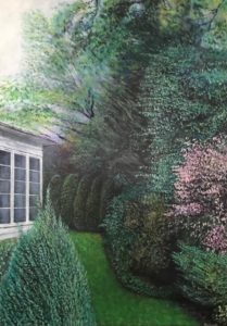 Nature acrylic painting of yard on Ambassador Drive Rochester NY multivalued green tones trees touch of white architecture and pink leaves bit of white sky in background
