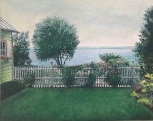 uNature acrylic painting of green yard white picket fence trees yellow flowers and yellow side of house Cayuga Lake Finger Lakes NY blue and white colors of water and sky