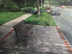 Architecture and nature acrylic painting of a bus stop with bench on the street of East Avenue in Rochester near the George Eastman House view recedes into distance sidewalk traffic street trees