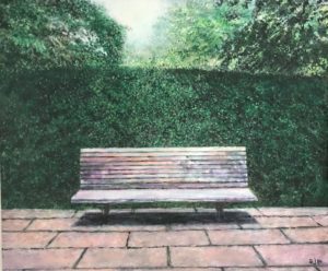 Nature acrylic painting of a park bench in center Olmstead Highland Park Rochester NY large slate slabs green hedgerow green trees over hang white sky in background