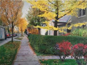 Nature acrylic painting of fall colors yellow orange red trees and hedges sidewalk view northward traffic on street to left three Victorian houses on right
