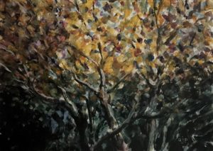 Nature acrylic painting of autumn leaves on tree branches sunlight peeking through number 3 of series