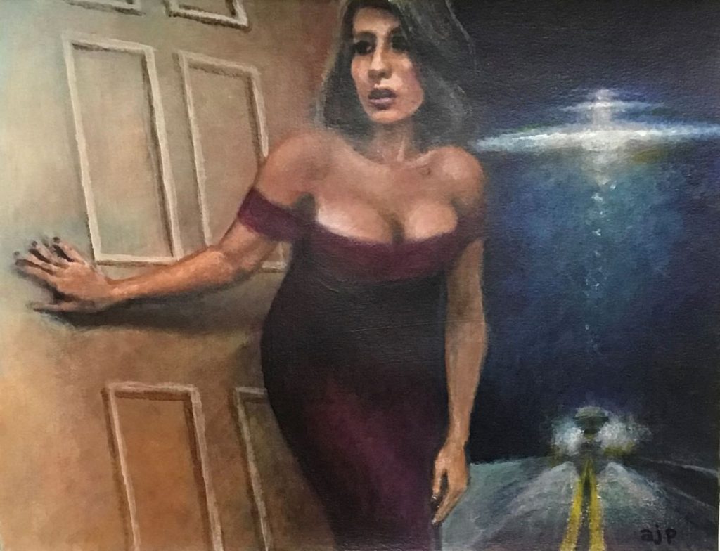 a comic-style painting on paper of woman, doorway, car, and UFO