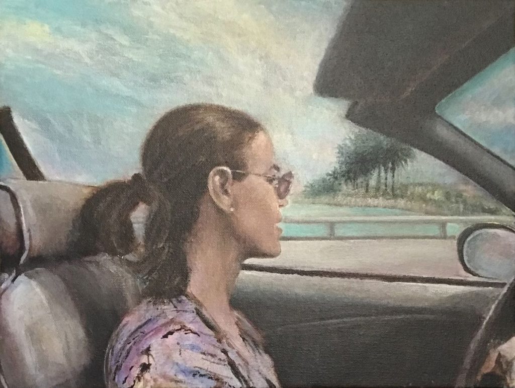 ajperriello.com: figurative painting of woman in mustang convertible in Miami