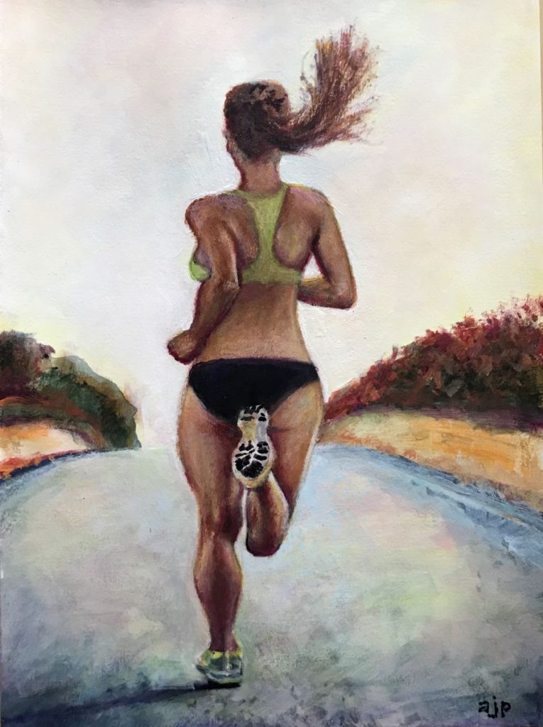 painting of female runner jogging down a sunlit path