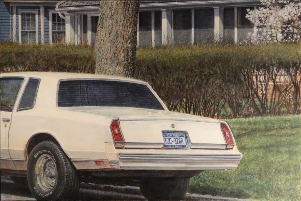 tightly rendered painting of a monte carlo curb-side, candee street, sayville, ny