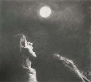 Figurative pop culture graphite on paper drawing of Eric Clapton on stage with Derek and the Dominos in 1970 number 2