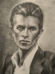 Figurative pop culture graphite on paper drawing of David Bowie in mid 1970s