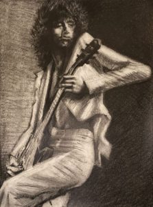 Figurative pop culture graphite on paper drawing of Jimmy Page founder guitarist producer Led Zeppelin