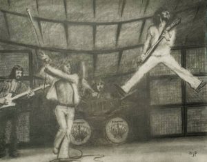 Figurative pop culture graphite on paper drawing of the rock band The Who in the 1970s